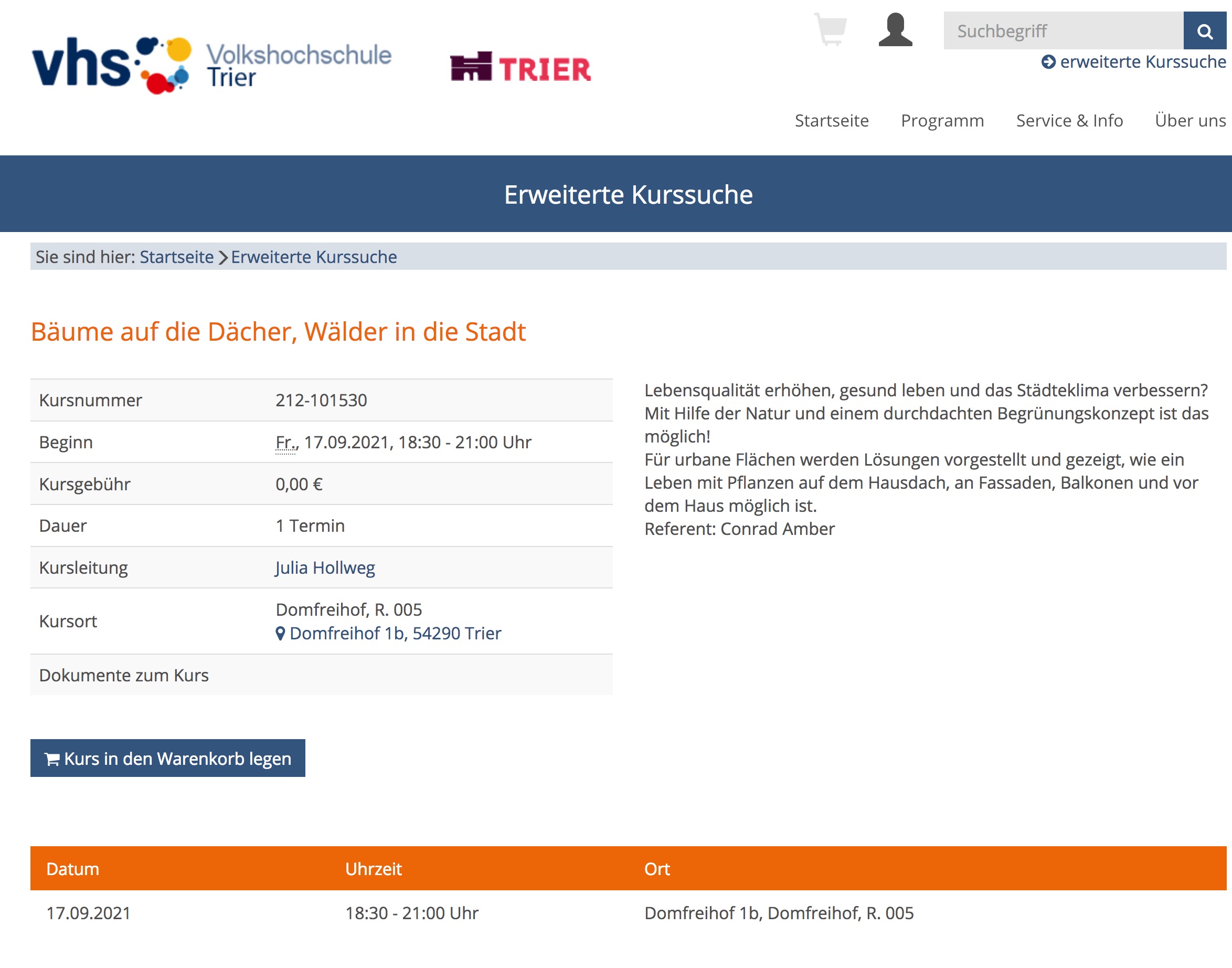 Trier : Vortrag „Bäume auf die Dächer, Wälder in die Stadt“ am 17.09.2021 um 18.30, vhs